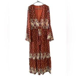 Nasty Girl Rust Floral V-Neck Shorts Romper with open leg Maxi Dress 12JT